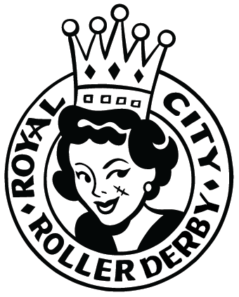 A vintage style drawing of a woman wearing a crown. A banner encircles her reading 'Royal City Roller Derby'